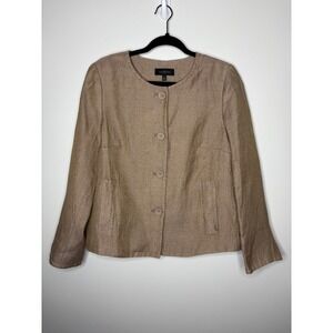 Talbots Metallic Linen Blend Button Front Blazer Jacket Tan Size 12 Metallic